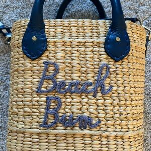 Beach Bum Woven Straw Tote with Navy Accents